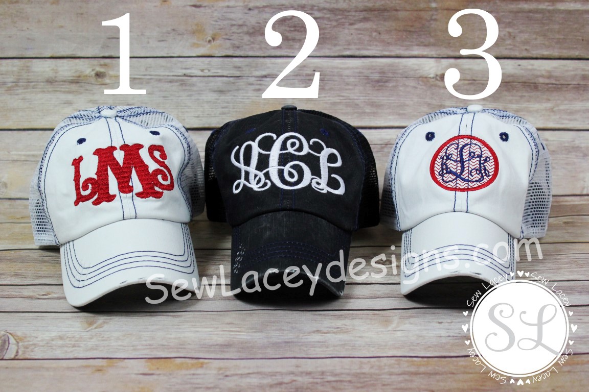 White or Navy Distressed mesh back hat