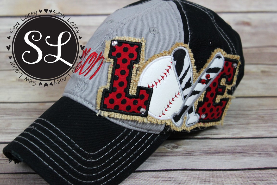 Baseball LOVE black.gray Red/black accents distressed hat